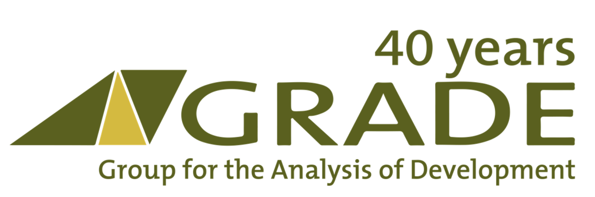 GRADE logo showing, at the centre, a quadrangular shape made of 3 triangles (the first one is dark green, the second one is light green and the third one is upside down and dark green) followed by the bold dark green writing “GRADE”. Above “GRADE”, there is the smaller green writing “40 years” and below “GRADE”, there is the smaller green writing “Group for the Analysis of Development”.